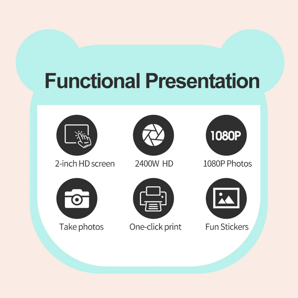 【New】Kid Camera Children 1080P Digital Camera Thermal Print with 2Inch IPS Screen Photo Selfie Video with 2 Rolls Print Paper