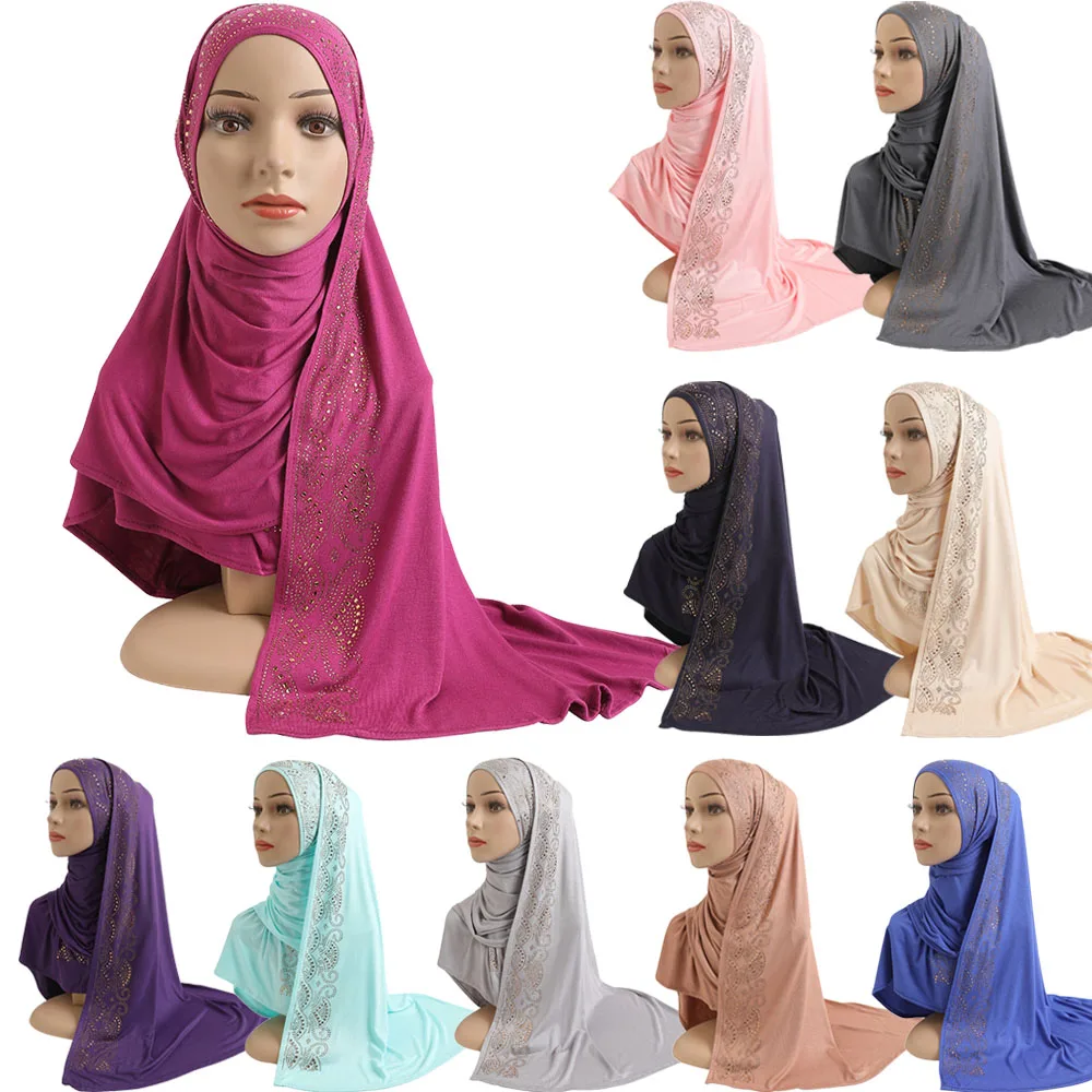 Cotton Jersey Hijab Turban Muslim Long Scarf Rhinestone Modal Headscarf Islamic Hijabs Shawl