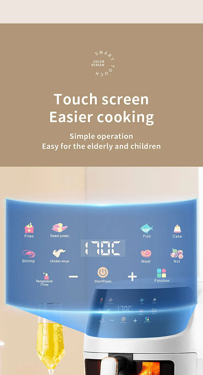 Description Picture 5 of item8L air fryer intelligent large capacity multifunctional household air fryer visual LCD touch screen oil-free oven 220V EU