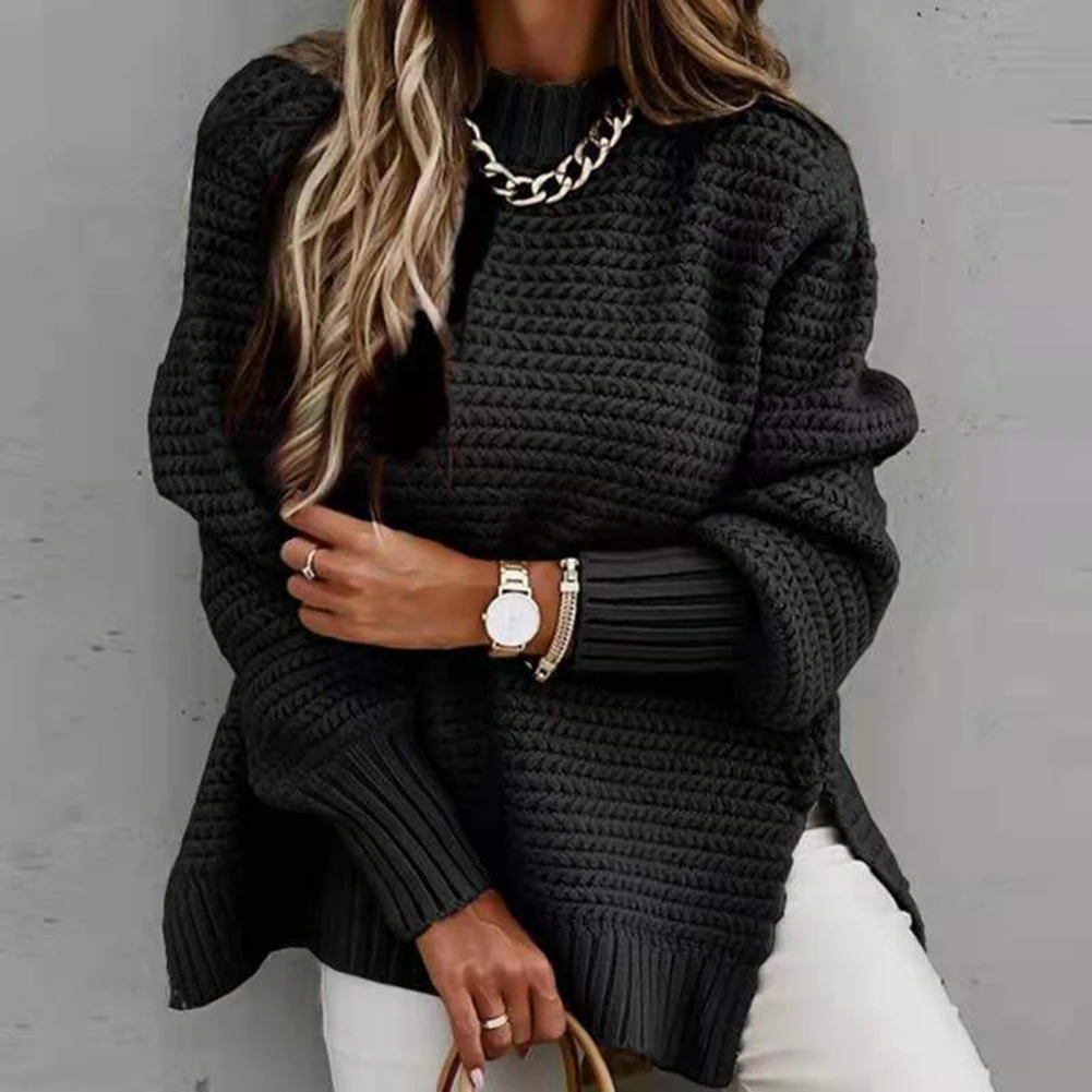 

New Women Fall Winter Casual Half High Neck Solid Loose Comfortable Versatile Side Split Knitted Fashion Korean Ladies Sweater