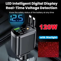 5 in 1 Car Charger With Starry Light Retractable Fast Charger Type C USB Car Phone Charger For iPhone Xiaomi Huawei Samsung