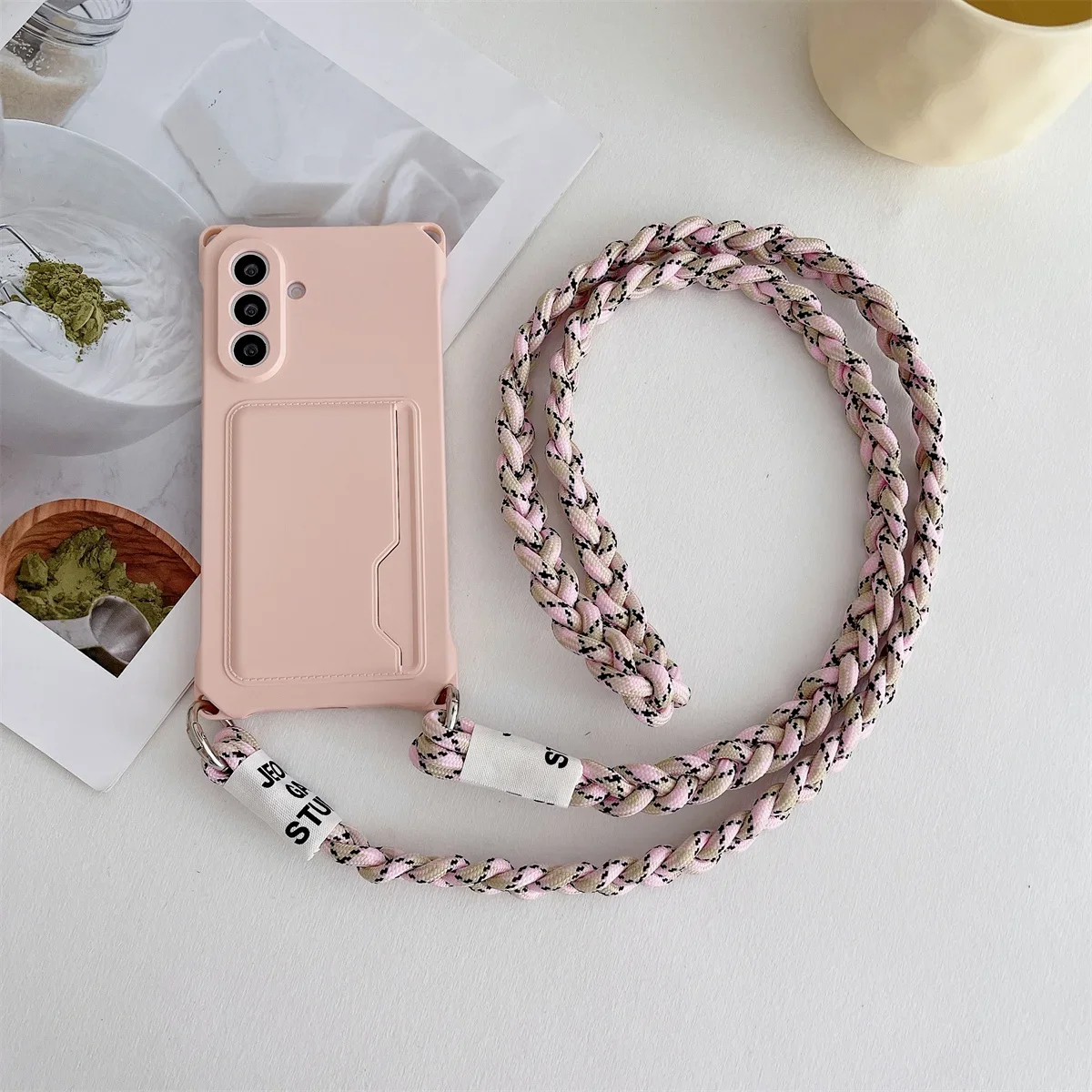 Braided Crossbody Lanyard Strap Phone Case with Wallet Card Holder and Silicone Cover