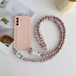 Braided Crossbody Lanyard Strap Phone Case with Wallet Card Holder and Silicone Cover - Galaxy S23 Ultra (Pink)