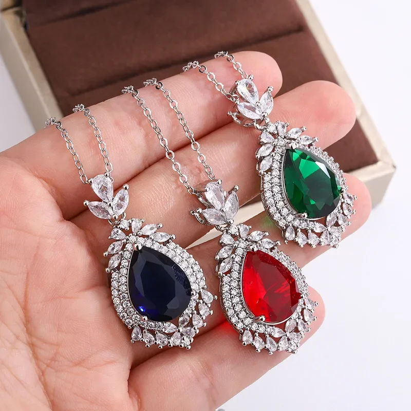 Silver Necklace Exquisite 925 Silver Plated Necklace For Women Elegant Colorful Water Drop Shaped Zircon Pendant Fashion Party Jewelry Gift