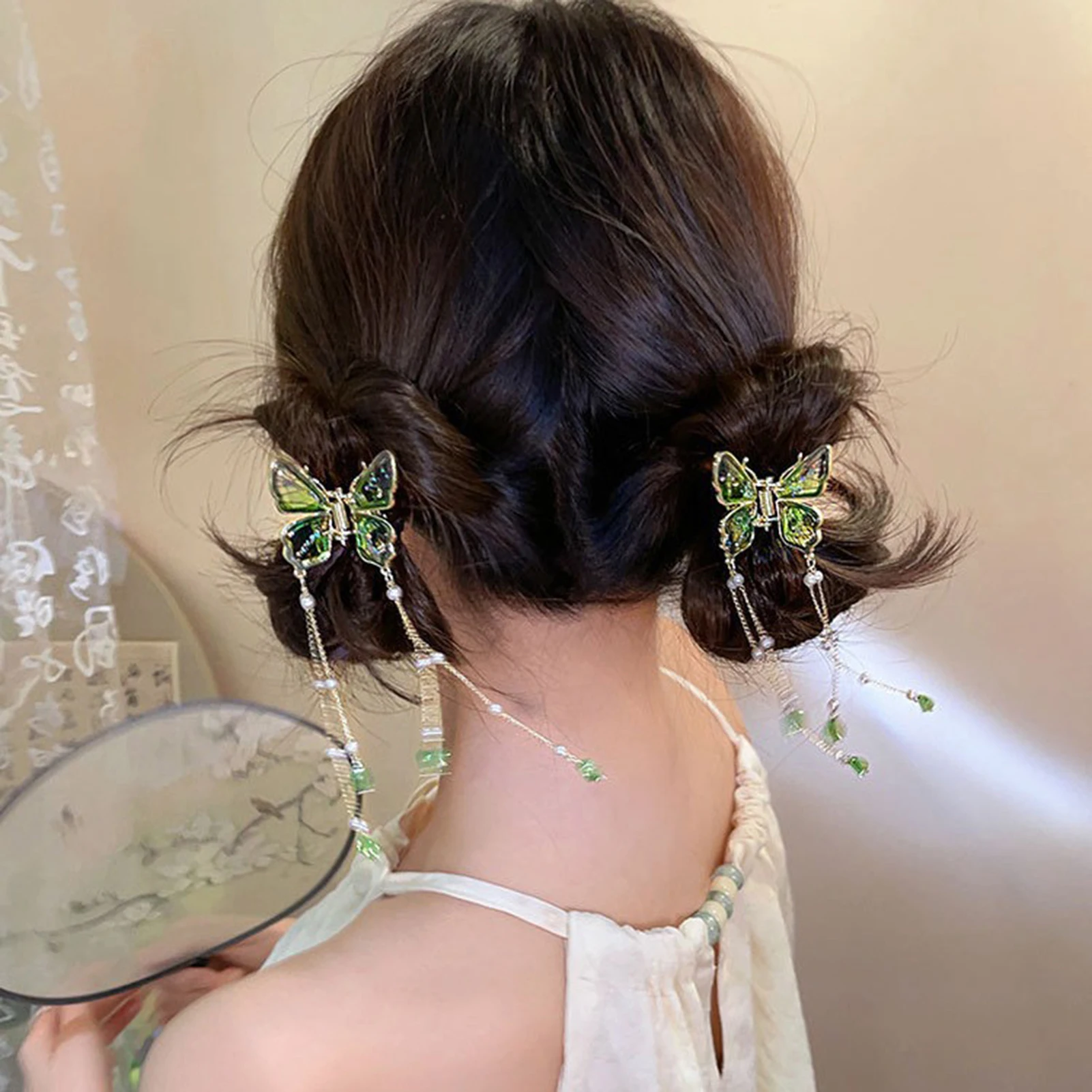 Elegant Gradient Butterfly Hair Claw with Pearl Tassel