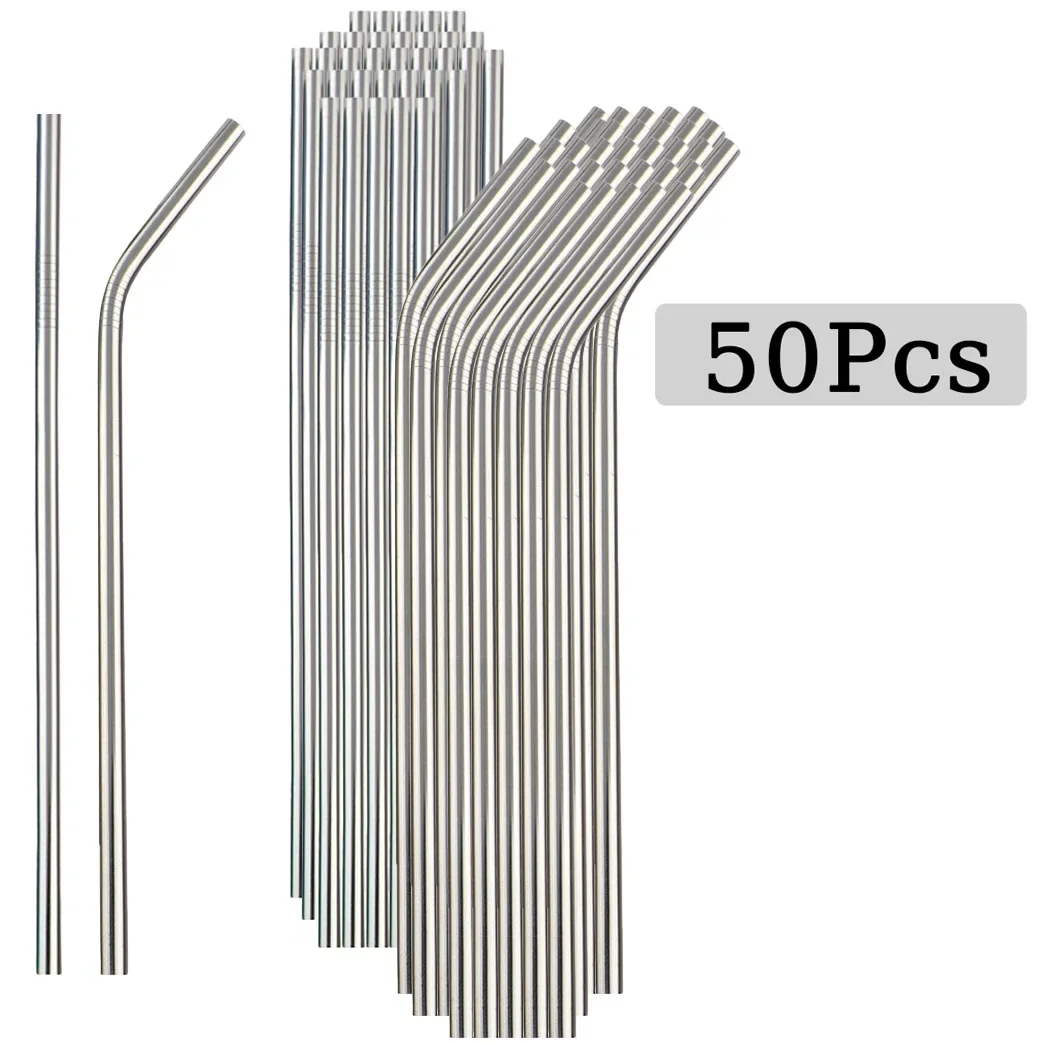50-Piece Reusable Stainless Steel Drinking Straws for Beverages - Durable and Eco-Friendly Silver Set