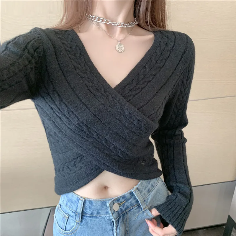JMPRS Cross Women Pullover Cropped Sweater Autumn Fashion V Neck Long Sleeve Solid Ladies Jumper Casual Korean Slim Knit Tops pink sweater
