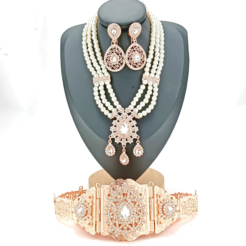 Arab Wedding Ornaments Set Fashionable Green Rhinestone Jewelry Moroccan Women Pearl Earrings Pearl Necklace Waist Chain,