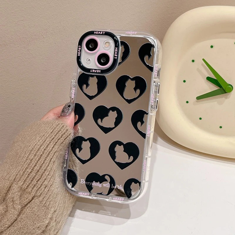 Cat Love Heart Silver Mirror iPhone Case