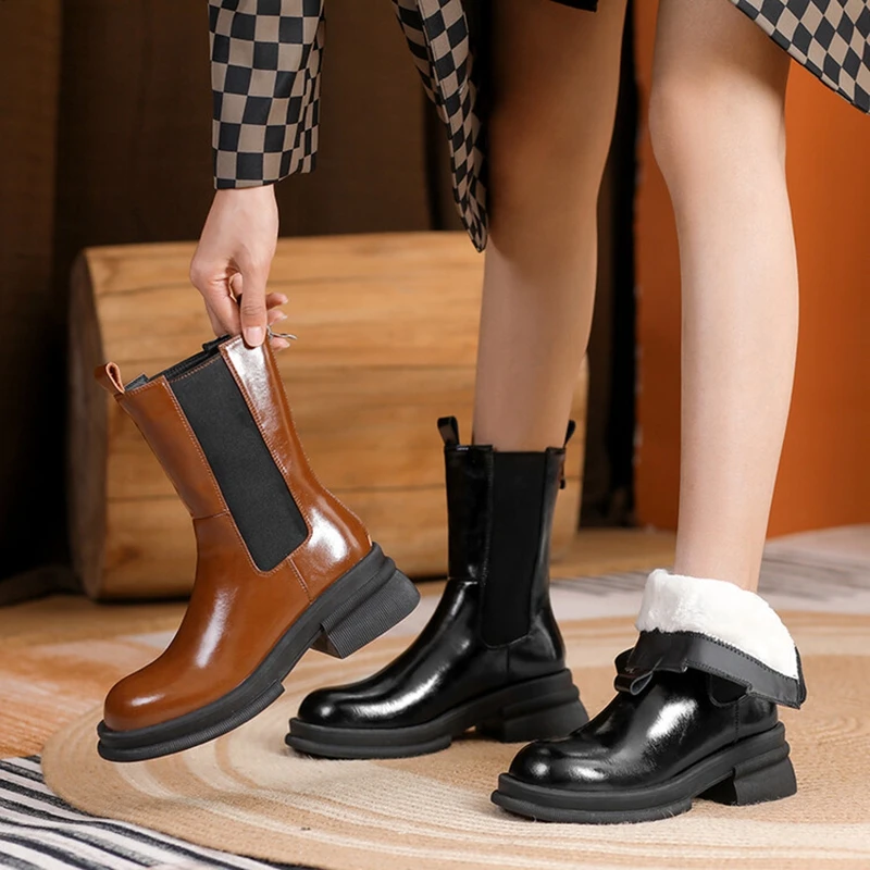 

Winter Women Shoes Round Toe Chunky Boots Split Leather Boots 2022 Blended Wool Warm Boots Snow Boots for Women zapatos mujer