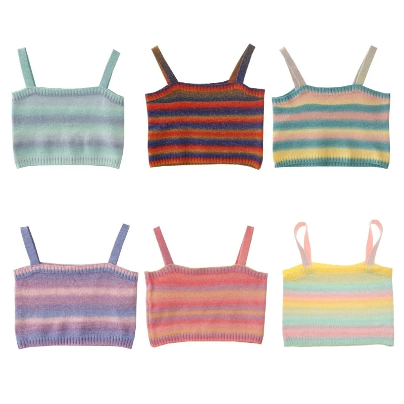 Women Sweet Rainbow Colorful Striped Camisole Summer Sleeveless Knitted Crop for Tank Top Fit Off Shoulder Bottoming N7YF