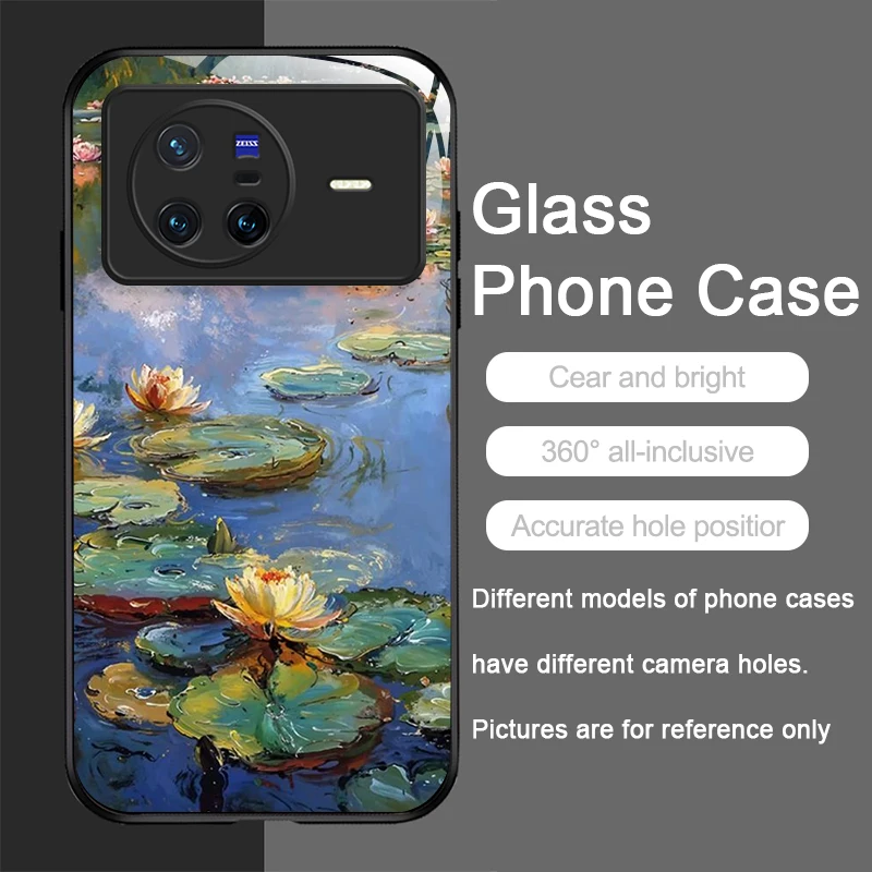 Vintage Lotus Flower Pattern Tempered Glass Phone Case - Artistic Oil Painting Design, Ultra-Durable Hard Cover