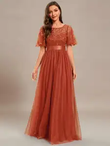 Elegant Evening Dresses Sequin Print Maxi Long with Cap Sleeve A-LINE 2024 Ever Pretty of Gauze Burnt Orange Bridesmaid dress