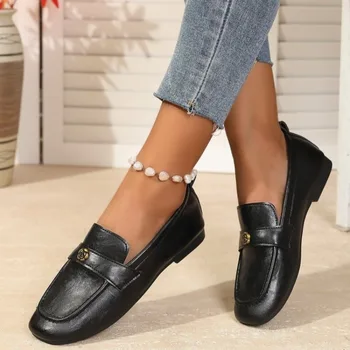 Women's Leather Flat Loafers with Gold-Tone Flower Accessory Round Apron Toe Low Block Heel Comfortable & Office Dress Shoes 1