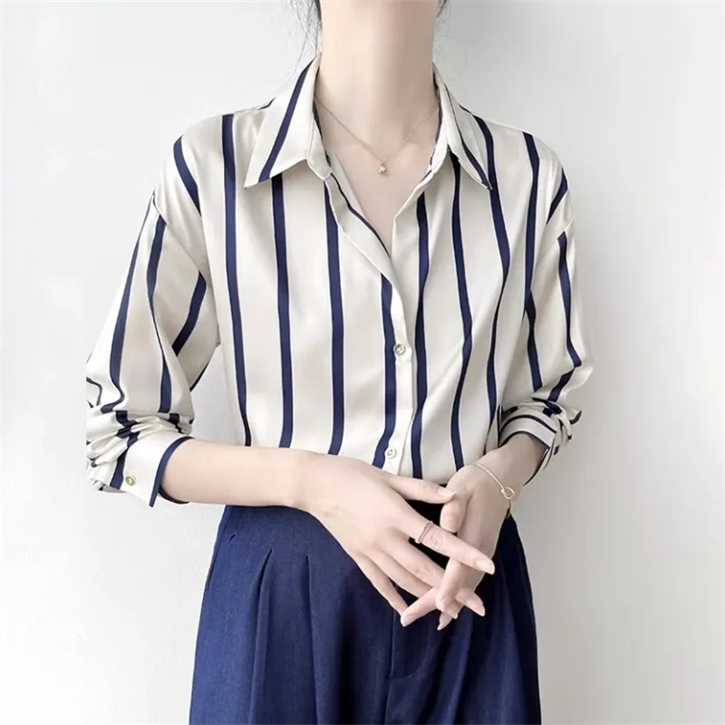 

High Quality Satin Blouse Women Shirt Striped Shirt For Women Fashion Shirt OL Laple Long Sleeve Woman Clothes Blous Basic Shirt