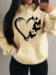 Love & Butterfly Pattern Women's Vintage Multicolor Hoodie with Pocket - Trendy Streetwear - XXL (Beige)