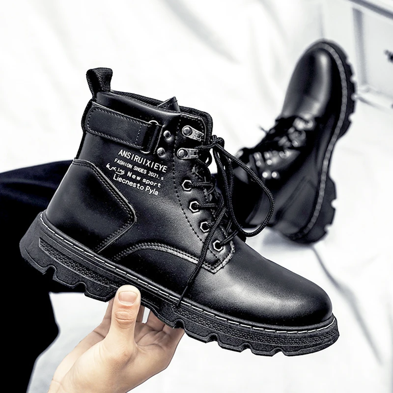 Waterproof Men's Boots Fashion Platform Male Ankle Boots Lace-up Leather Men Boots Outdoor PU Winter Shoes Round Toe Shoes 2023