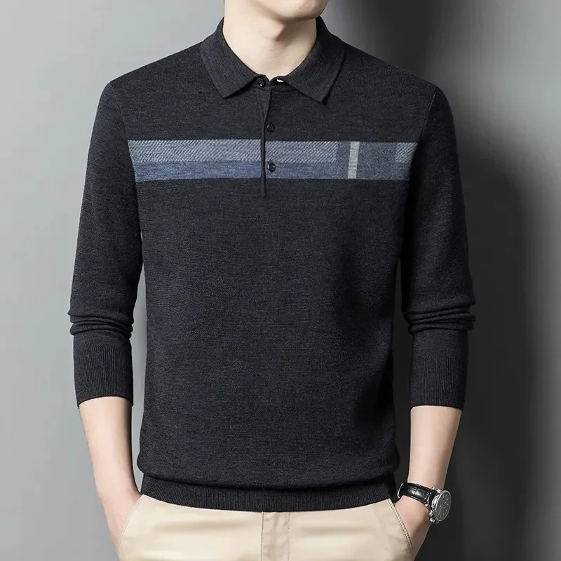 

Men's Pure Wool Long-Sleeved T-shirt Lapel Business Casual Slimming Solid Color Autumn Bottoming Polo Shirt
