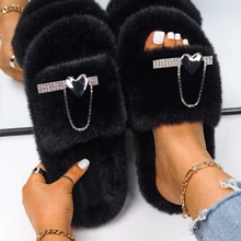 

Women's Slippers Shoes Faux Fur Slides Luxury Heart Decor Flat Sandals Designer Flip Flops Female Winter Plush Slippers 2022 New