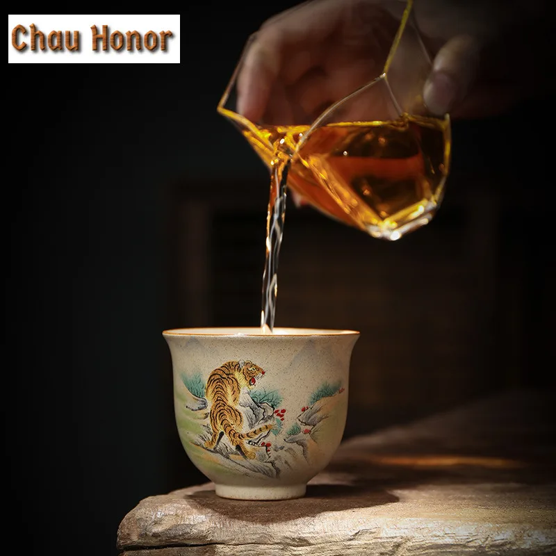 130ml Retro Coarse Pottery Tea Cup Zodiac Tiger Tea Cup Master Cup Tea Set Household Coffee Mugs Boutique Tea Bowl Drinkware Mug