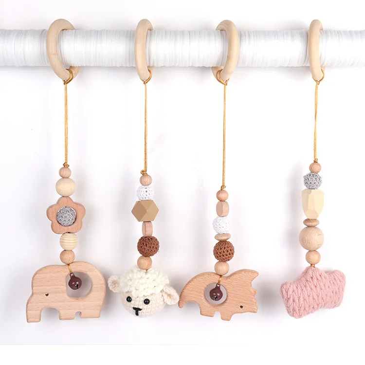 Description Picture 5 of item4Pcs Wooden Baby Toys Wooden Beech Activity Gym Frame Stroller Hanging Pendants Toys Teether Ring Nursing Rattle Toys Room Decor