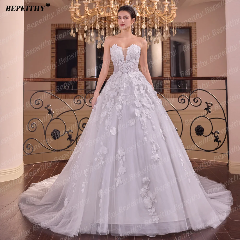BEPEITHY Customizd Beach Sweetheart A Line Flowers Wedding Dresses For Women Sleeveless Vintage Lace Bride Plus Size Bridal Gown