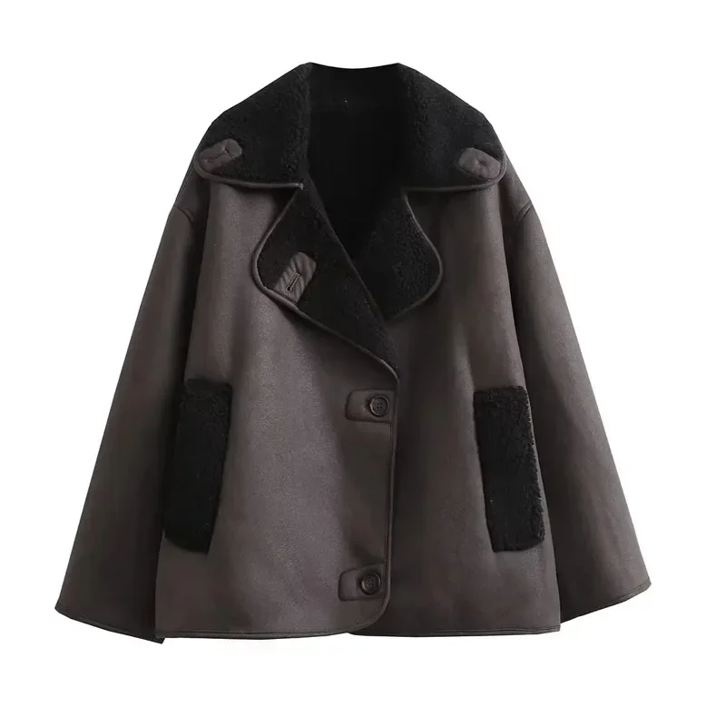 TRAF Fleeced Faux Leather Jacket Women Outerwears Vintage Cold Faux Wool & Blends Coats For Woman Autumn Winter Plush Jacket 5