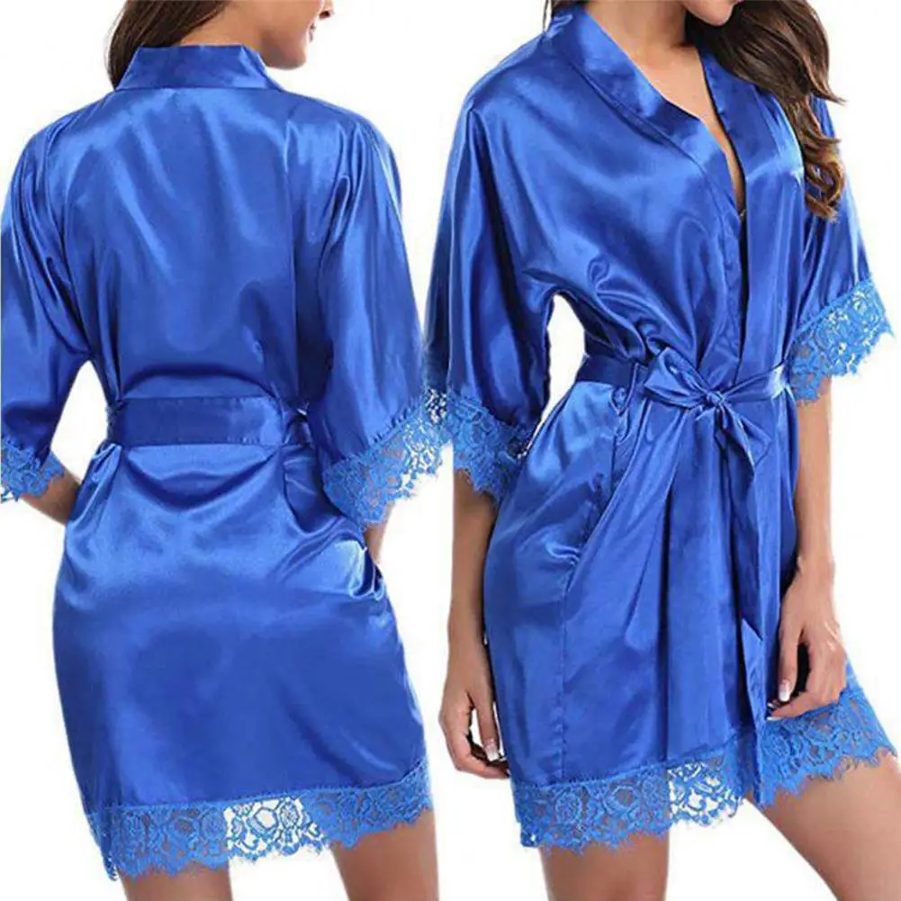 

Women Iace Silk Pajamas Robes Stain Lady Sleeping Gown Half Sleeve Sexy Lace Loose Soft Women Bathrobe Sleepwear Nightgown