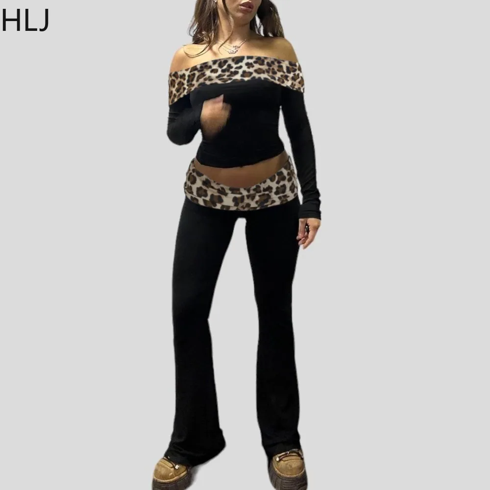 HLJ Fashion Leopard Splicing Flared Pants Two Piece Sets Women Off Shoulder Long Sleeve Top And Shorts Tracksuits Spring Outfits