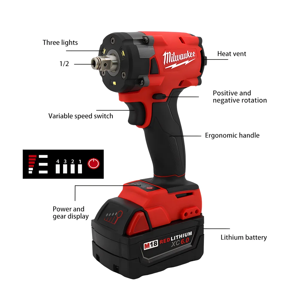 Milwaukee 300N.M Brushless Electric Impact Wrench 1/2 Inch Car Truck Repair Rechargeable 18V Battery Screwdriver Power Tools 6