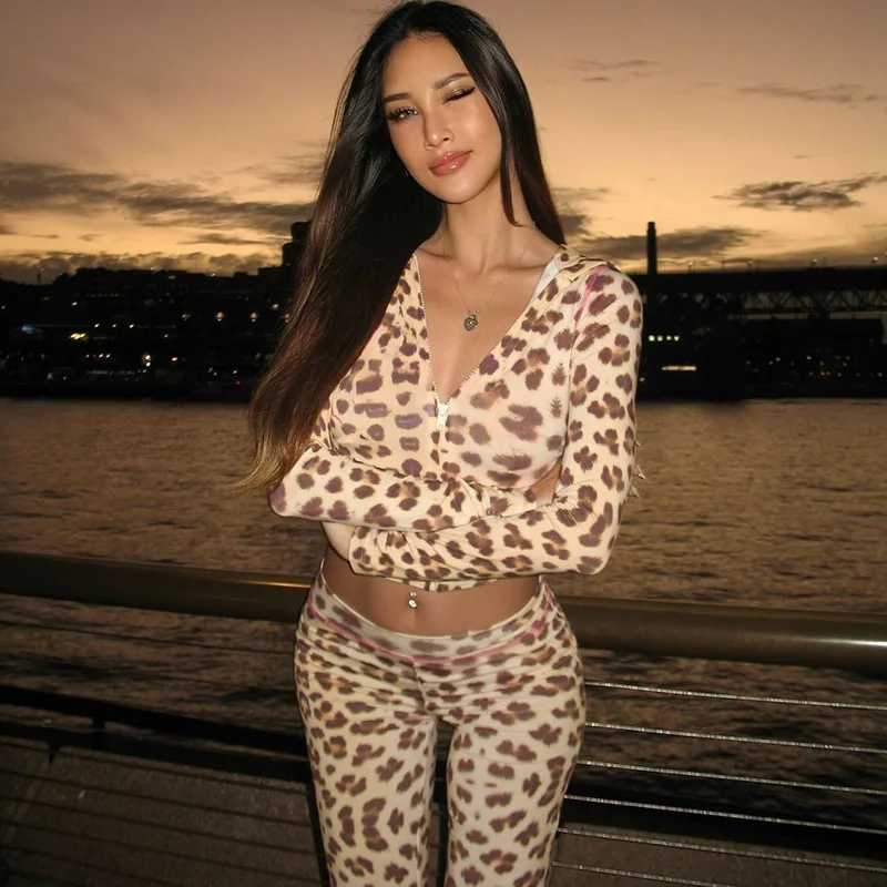 Fashion Printed 2 Piece-Set Women Hoodie Slim Cropped Top And High Waist Trousers Outfits Contrast Women's Pants Sets