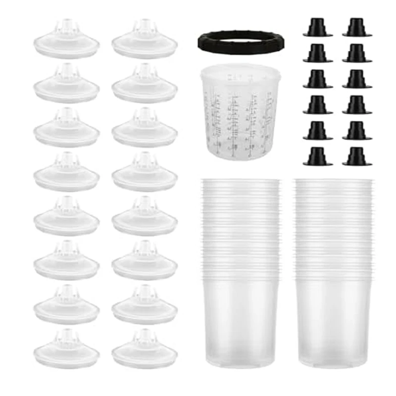 일회용 페인트 건컵 터치 업 컵 라이너 및 캡 시스템, 스프레이 건용 페인트 컵, 20 Oz (600 ml) 세트, 25 팩