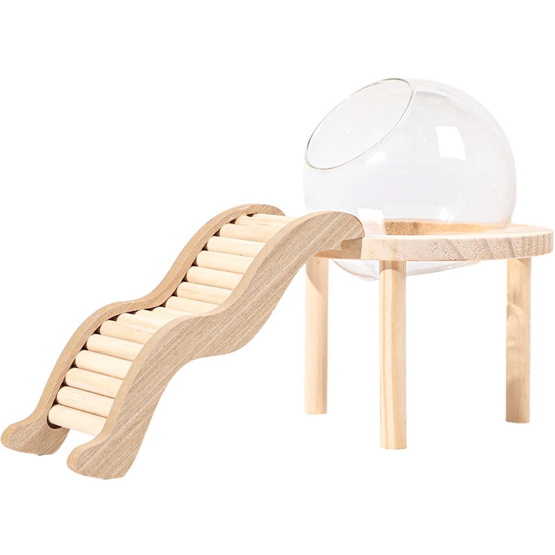 Hamster Bath House with Wooden Ladder Bridge Easy to Clean Climbing Toy Hamster Bathroom Glass Shower Container for Safe Bathing 4