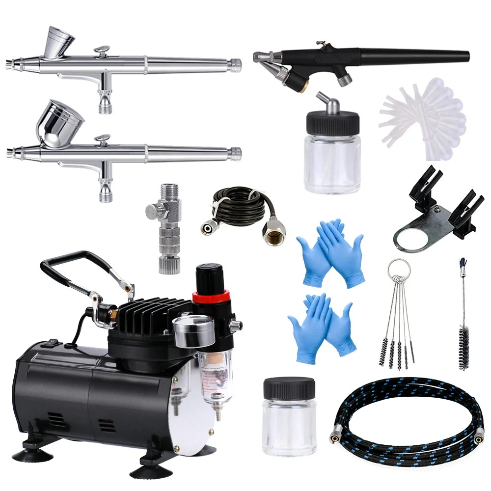 Airbrush Kit with Compressor 3 AirBrush Guns 0.2/0.3/0.8mm for Hobby Tattoo Nail Art Paint and Airbrush Accessories Cleaning Kit ophir pro 0 3mm 0 35mm 0 5mm 3 airbrushes dual action air tank compressor kit for hobby tattoo body paint ac090 004a 072 074