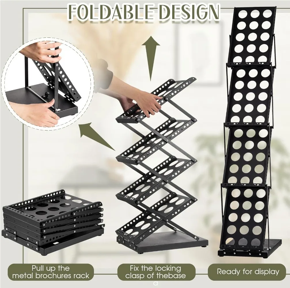1 Piece Foldable Magazine Rack Metal Catalog Literature Racks,Portable 4 Pockets with Carrying Bag Brochure Stand 4