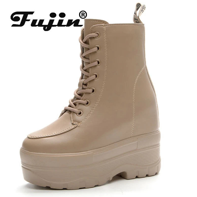 

Fujin 10cm 12cm Women Casual PU Leather Woman Platform Wedge Ankle Boots Spring Autumn Shoes Chunky Sneakers Winter Plush Shoes