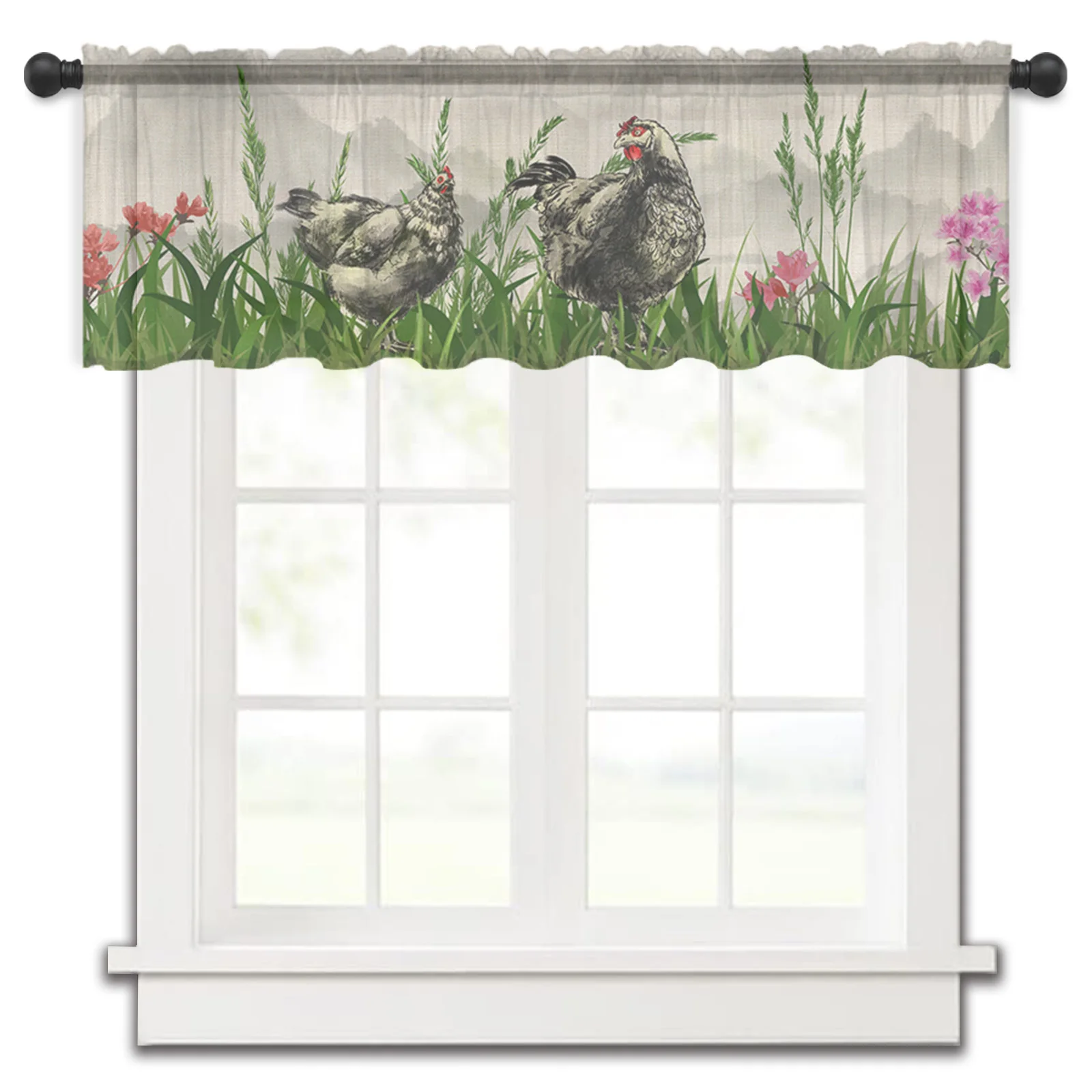 

Chicken Ink Plant Bedroom Voile Short Window Curtain Chiffon Curtains for Kitchen Home Decor Small Tulle Drapes