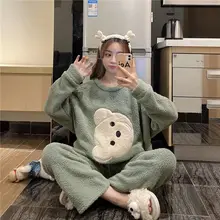 

Autumn and Winter New Solid Color Fashion Loose Simple Cute Sweet Pajamas Plus Velvet Thick Thick Warm Home Clothes