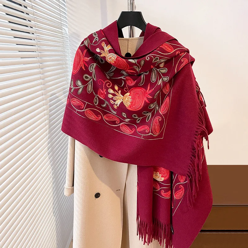 NEW Brand Embroidery Scarf Elegant Women Winter Thick Warm Neck Pashmina Paisley  Fringe Scarves Lady Blanket Soft Shawl