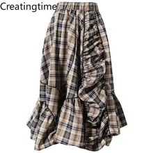 

Creatingtime 2022 Spring New Fashion Tide Women's Plaid Striped Stitching Pleated High Elastic Waist Asymmetric Skirt GA227