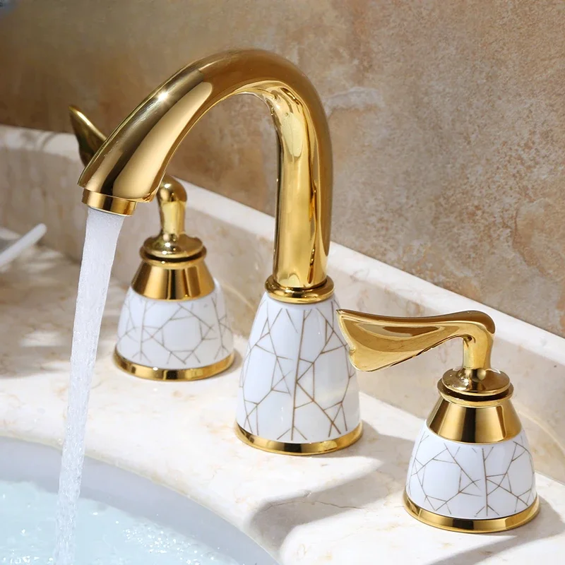 

Retro gold three hole basin with cold and hot water faucet, all copper antique split 8-inch under the counter washbasin