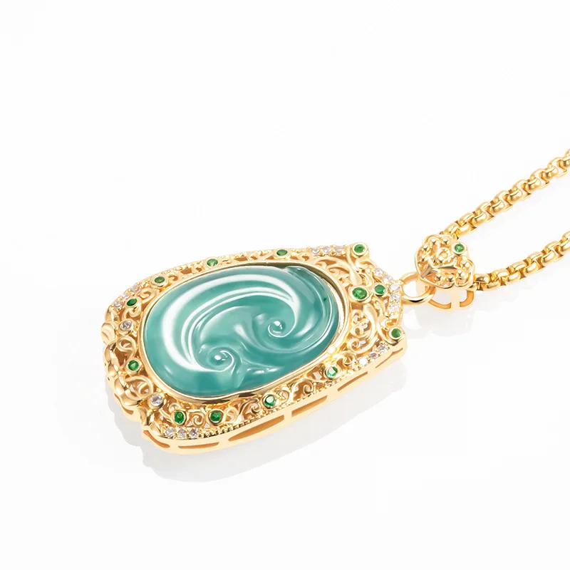 Natural A-grade Jade Blue Water Ruyi Copper Plated Gold Inlaid Ice Jadeite Pendant Women's Gifts Charms Jewelry Drop Shipping