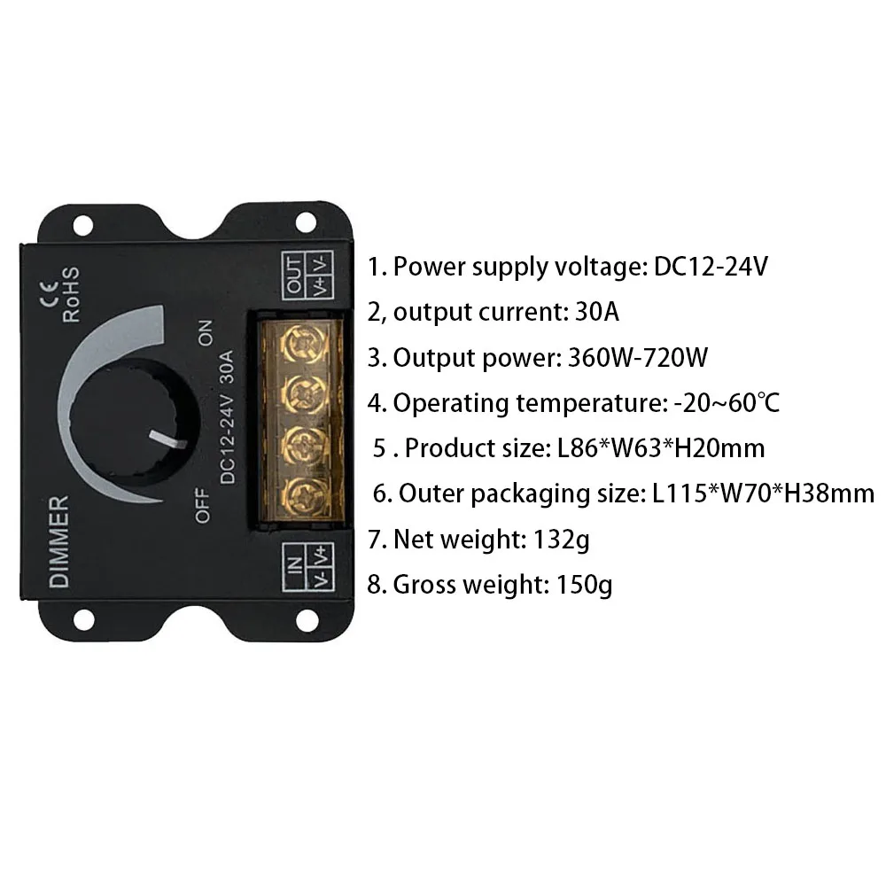 Variateur LED DC12-24V, Interrupteur Marche/arrêt, Avec Cordon D