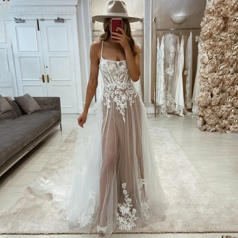 

Eightree Sexy Wedding Dresses Appliques Spaghetti Straps Bride Dress Tulle A-Line Princess Wedding Evening Ball Gowns Plus Size