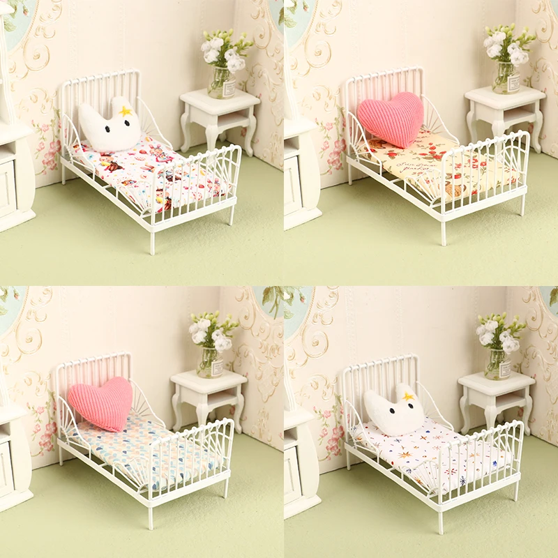 

1Set 1:12 Dollhouse Iron European Bed Mini Cradle Bed with Mattress Cushion Ornaments Miniature Furniture Bedroom Decor Toy