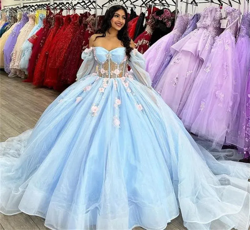 

Puffy Quinceanera Dresses Ball Gown Long Sleeves Tulle Floral Sky Blue Sweet 16 Dresses 15 Años Mexican