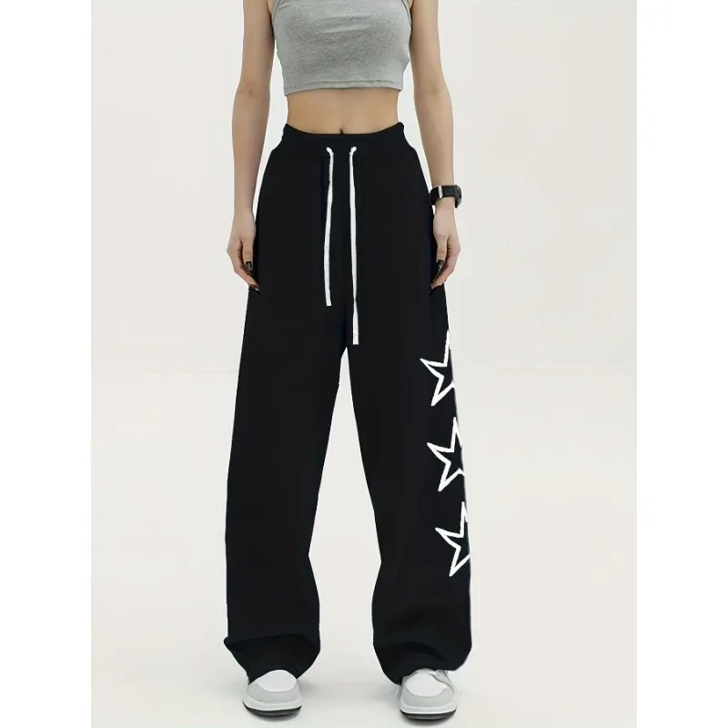 QWEEK Star Print Drawstring Straight Sweatpants Women Gray Casual Elastic High Waist Jogger Pants Korean Fashion Kpop Trousers