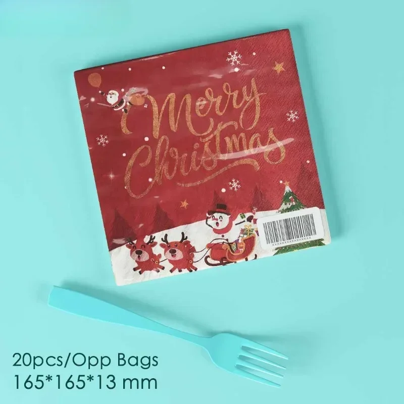 Christmas Party Decoration Paper Gold Merry Christmas Red Napkin Cartoon Elements Wine Glasses Flower Plate Napkin