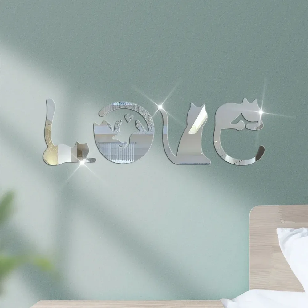 3D LOVE Cat Mirror Wall Sticker Acrylic Paste Home Decoration Cats Wallpaper Bathroom Bedroom Living Door Modern Home Decoration Wall Sticker Mirror Wall Sticker Acrylic Wall Sticker
