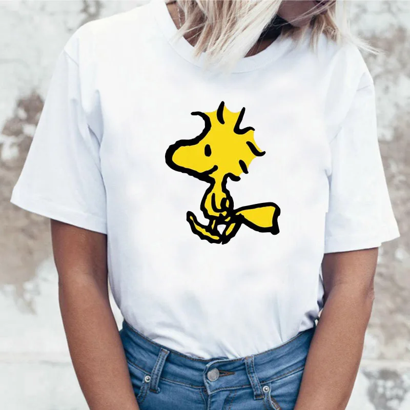 Snoopy camiseta feminina anime impresso camisa de manga curta verão em torno do pescoço casual streetwear oversized topo t roupas respiráveis